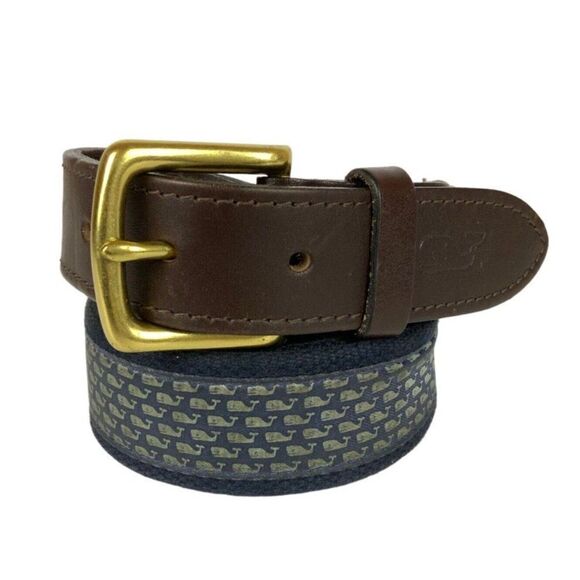 Vineyard Vines Belt Size 32 Blue Ribbon Webbing Whales Nautical Brass Buckle - Picture 1 of 6
